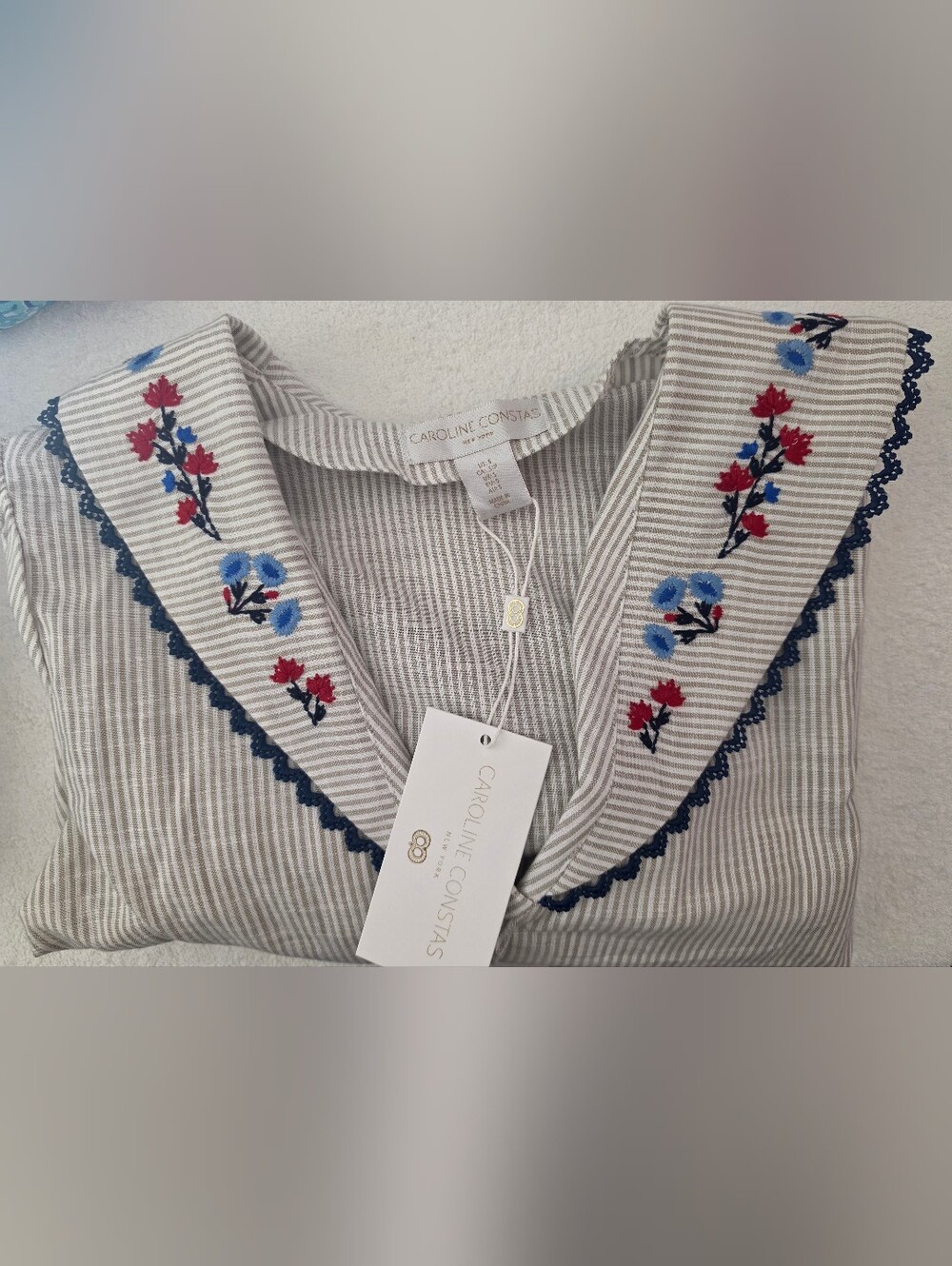 Caroline Constas Embroidered Cream Blouse with Navy Trim - Picture 5 of 6